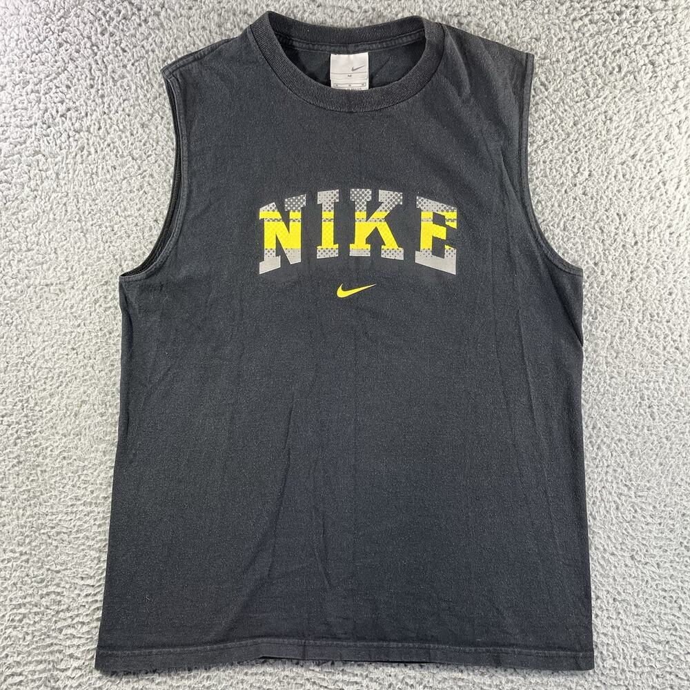 Vintage Nike Spell Out Muscle Tee Shirt Mens Medium Faded Yellow Arched Logo Y2K